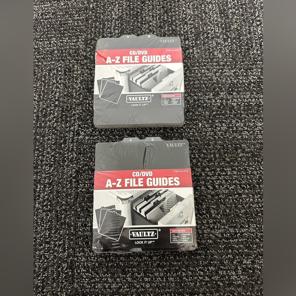 New Set Of 2 Vaultz A-Z CD File Guides 5 x 5 1/2 Black  *Sealed*